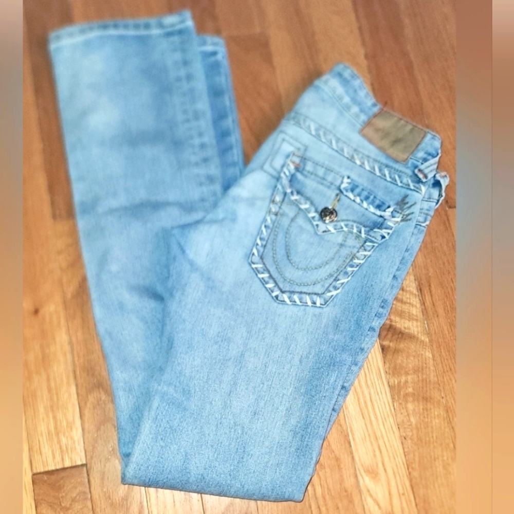 VINTAGE TRUE RELIGION JOEY WHITE STITCH SIZE 28 X 32 LIGHT WASH OLDER NICE